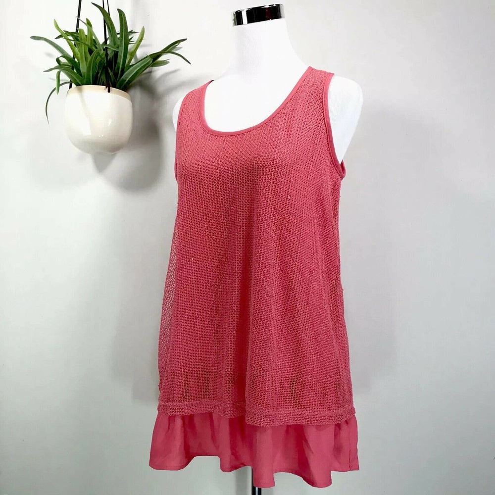 Simply Noelle Layered Sequin Mesh Blouse Tank Top Pink Ruffle Shirt Size S / M